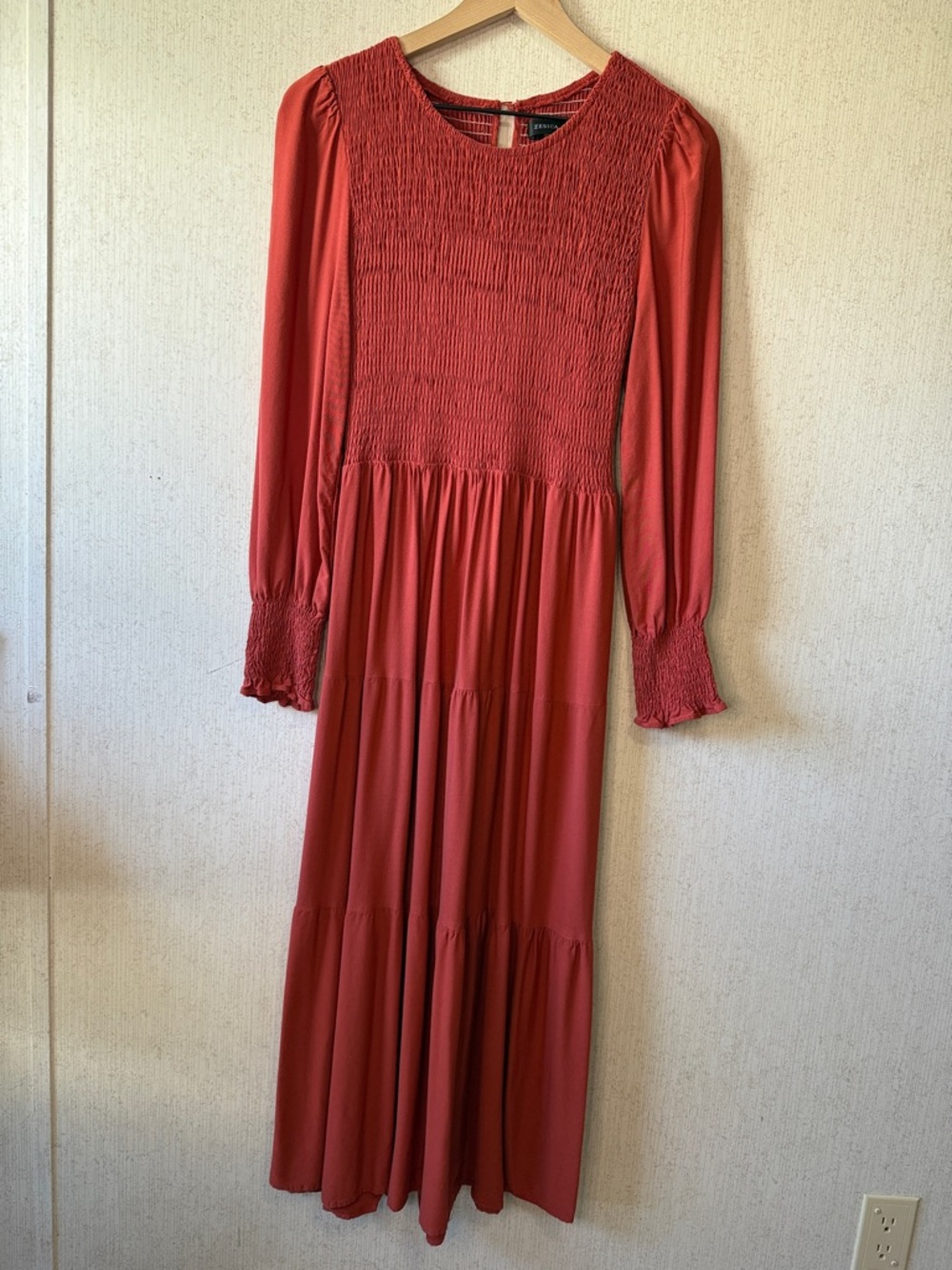 Smocked Long-Sleeve Maxi Dress in Rust